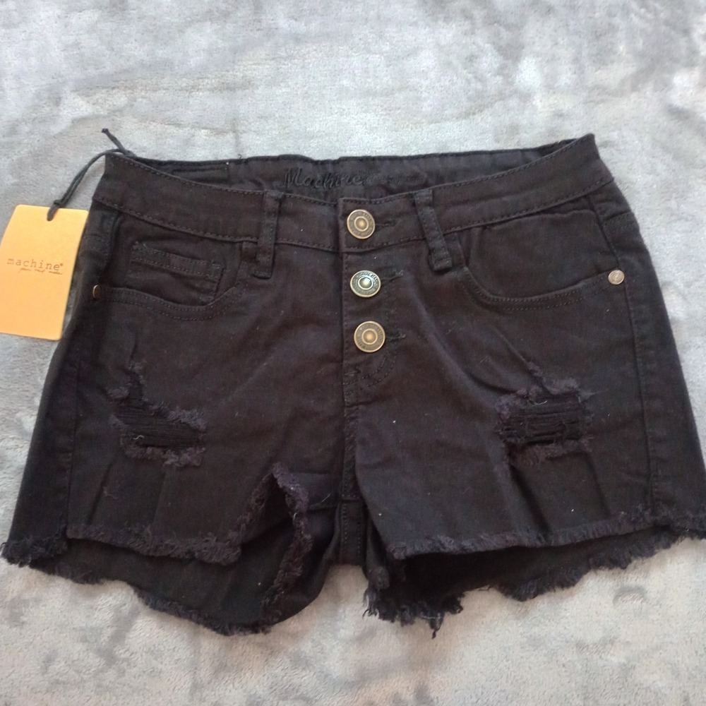 Machine Womens Denim Shorts Size 28 Black Distressed Hem Button‎ Fly High Rise